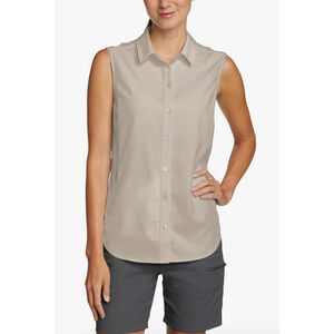 Eddie Bauer Women's Size XL Stretch Gray Button Front Sleeveless Tech Shirt NWT